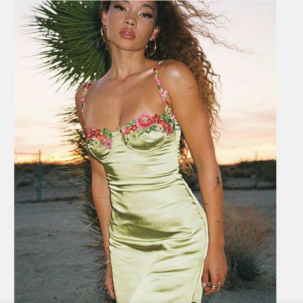 Green and pink floral mini dress